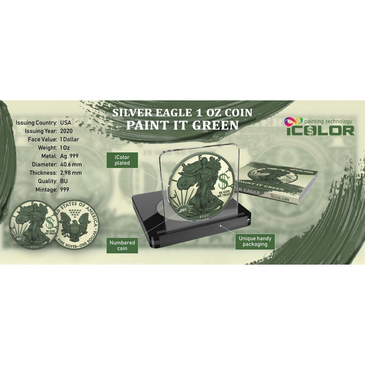 1 Oz Silver Coin 2020 $1 Liberty Paint It Green - Capitalism $-classypw.com-4