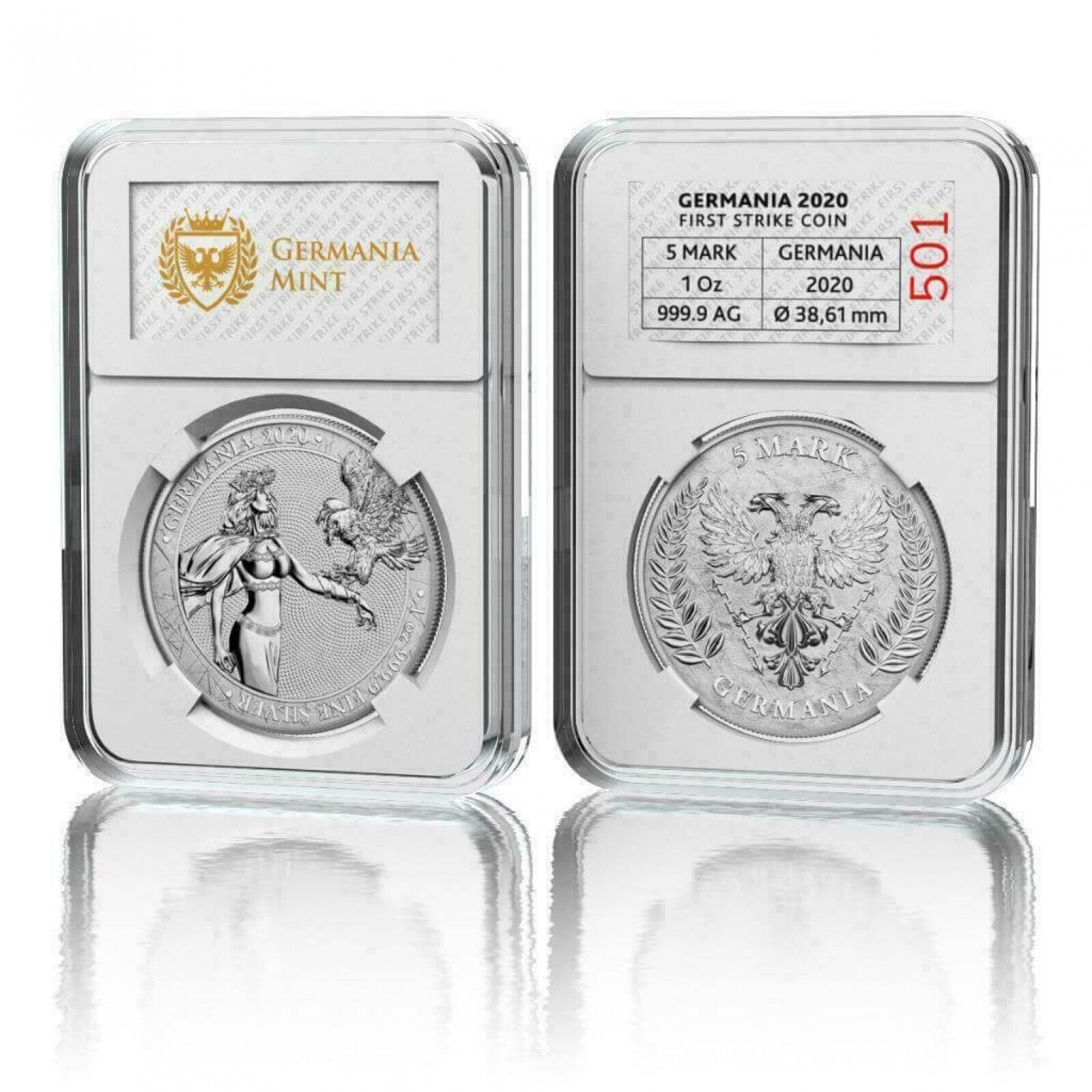 1 Oz Silver Coin 2020 5 Mark Germania BU First Strike in Slab - Slight Toning-classypw.com-4
