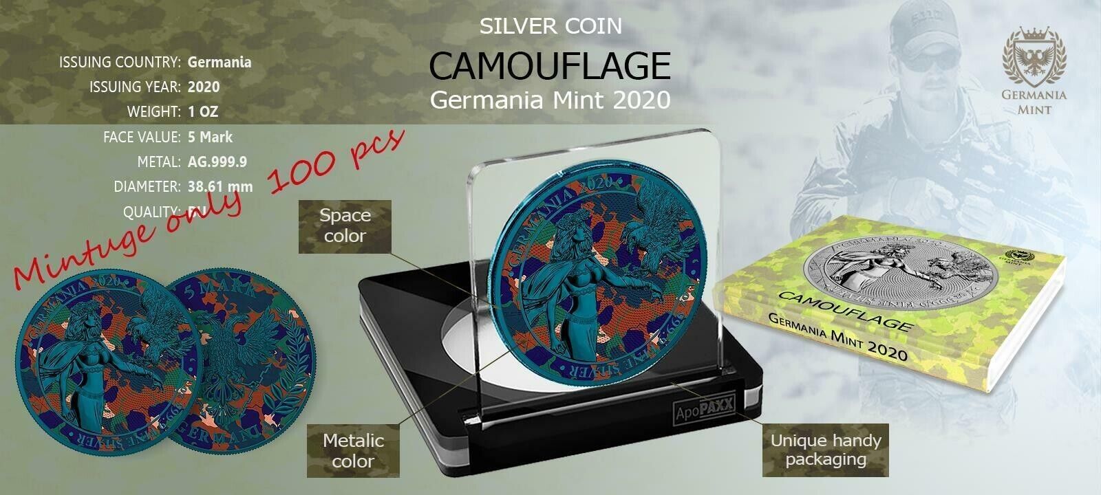 1 Oz Silver Coin 2020 5 Mark Germania Camouflage Edition - Alps-classypw.com-4