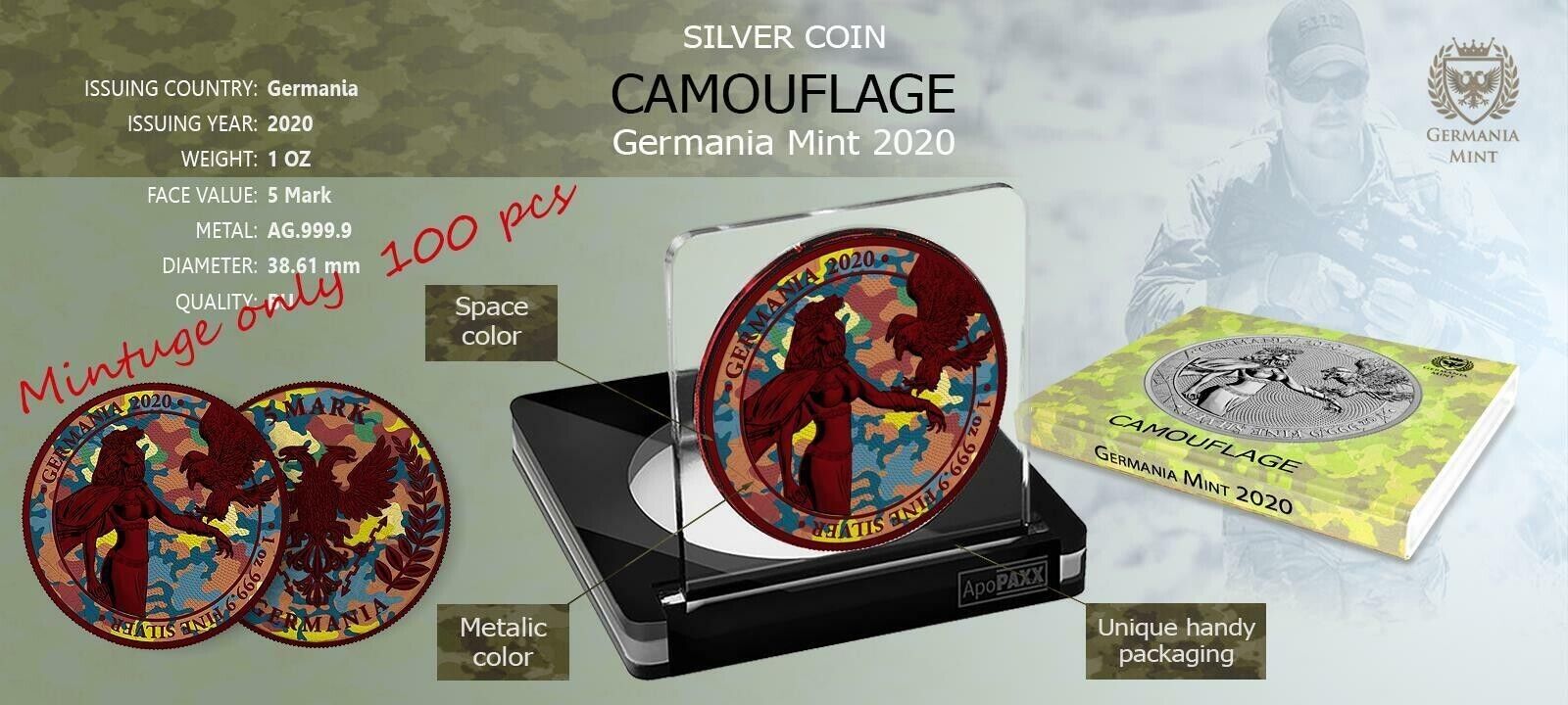 1 Oz Silver Coin 2020 5 Mark Germania Camouflage Edition - Ardennes-classypw.com-4