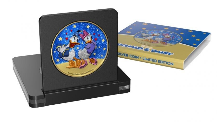 1 Oz Silver Coin 2021 $2 Disney Donald and Daisy Duck in Love Blue Glitter-classypw.com-3