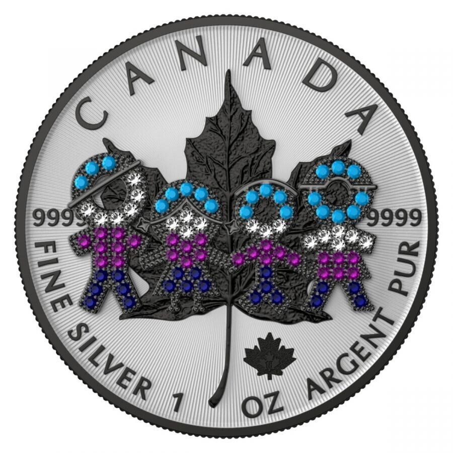 1 Oz Silver Coin 2021 $5 Canada Maple Leaf Big Family Black Ruthenium Bejeweled-classypw.com-2