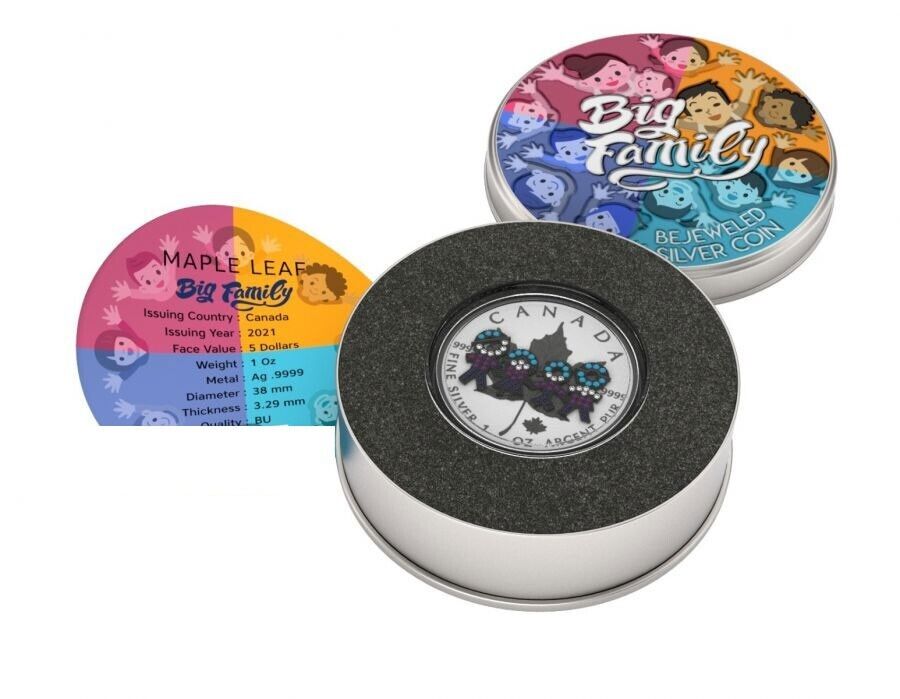 1 Oz Silver Coin 2021 $5 Canada Maple Leaf Big Family Black Ruthenium Bejeweled-classypw.com-4