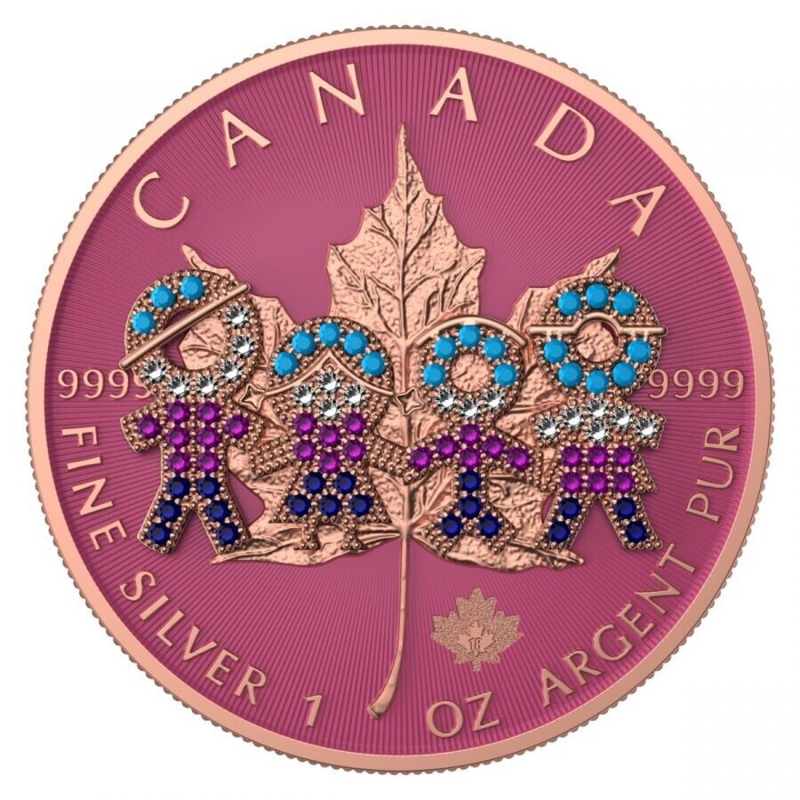 1 Oz Silver Coin 2021 $5 Canada Maple Leaf Big Family Pink Bejeweled Colored-classypw.com-2