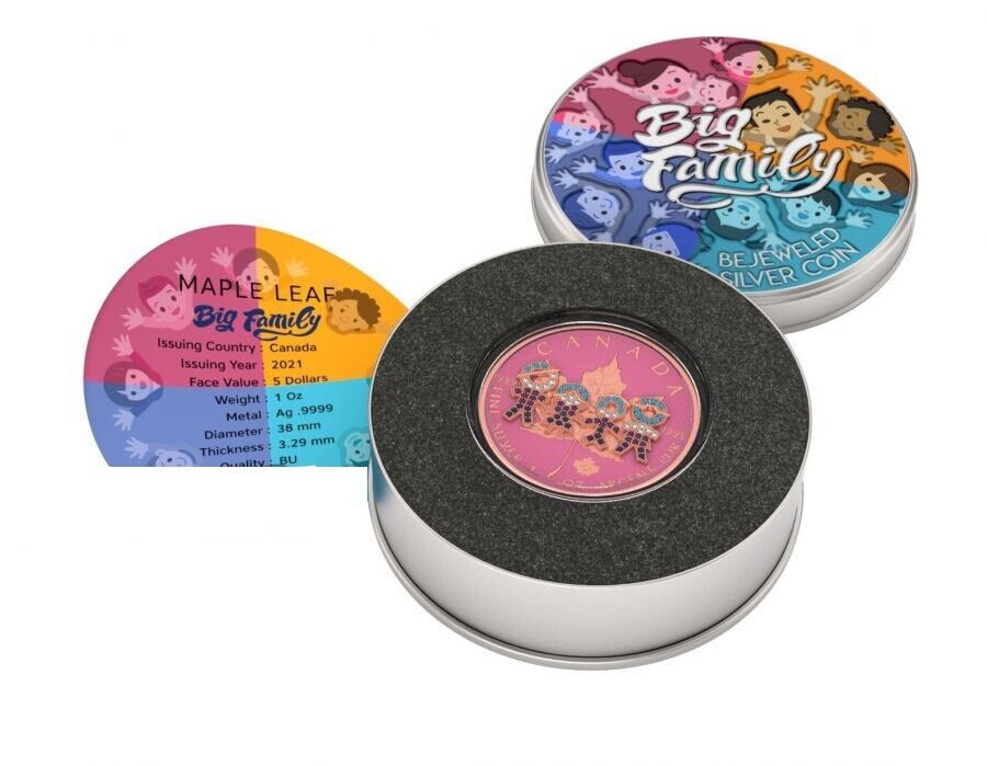 1 Oz Silver Coin 2021 $5 Canada Maple Leaf Big Family Pink Bejeweled Colored-classypw.com-4