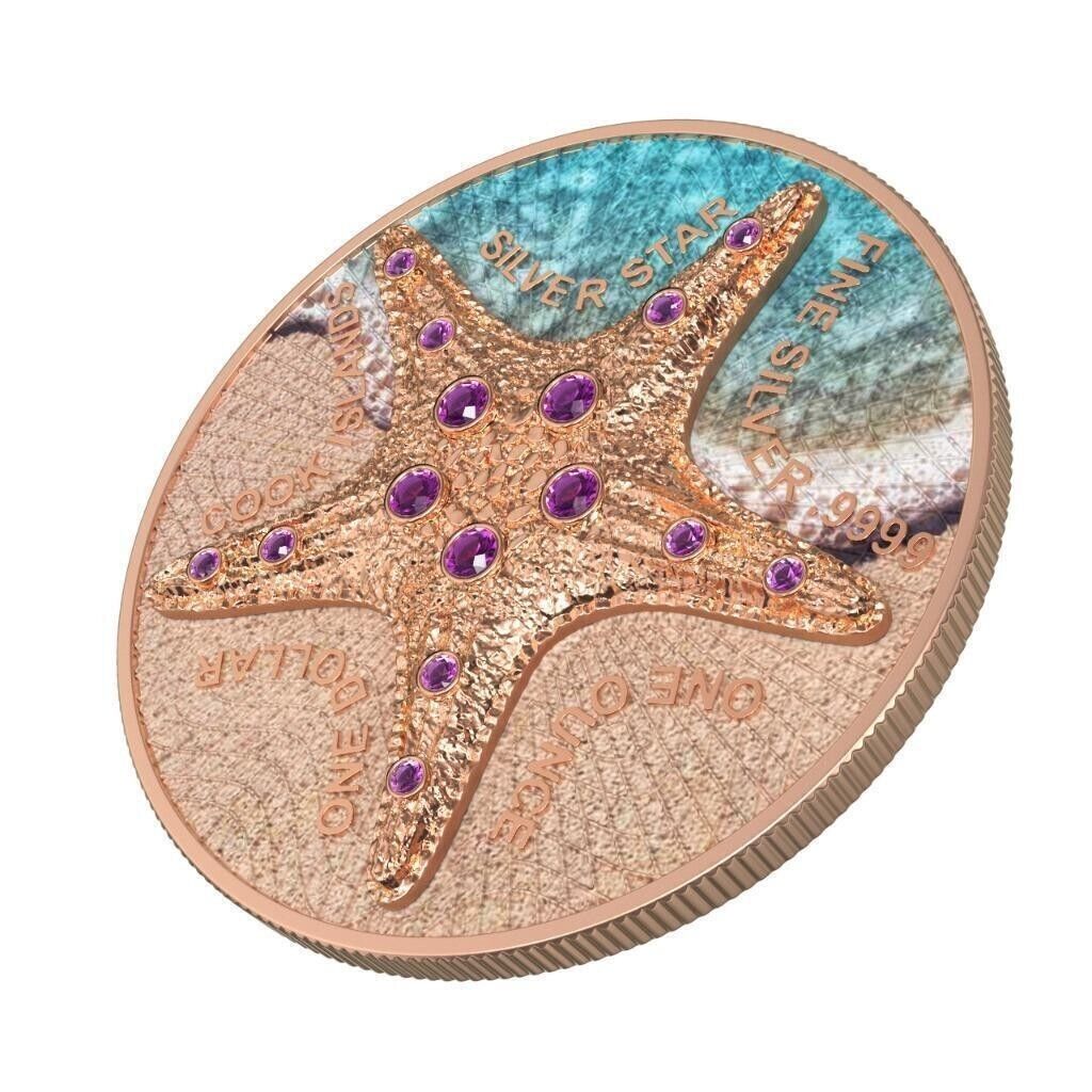 1 Oz Silver Coin 2021 Cook Islands $1 Sea Star Beach Pink Gold Star-classypw.com-2