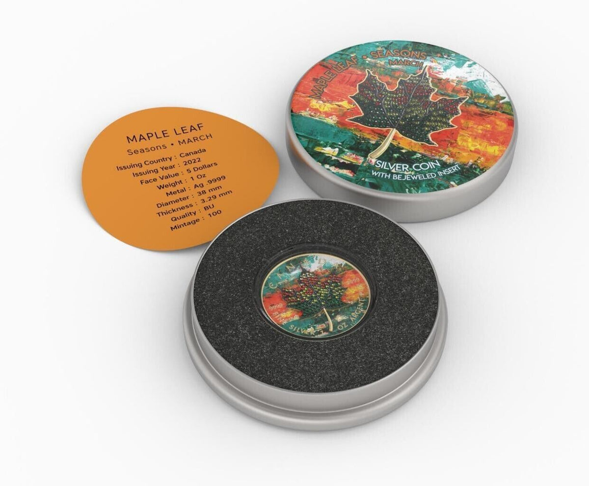 1 Oz Silver Coin 2022 Canada $5 Maple Leaf Seasons March Bejeweled Leaf Insert-classypw.com-4