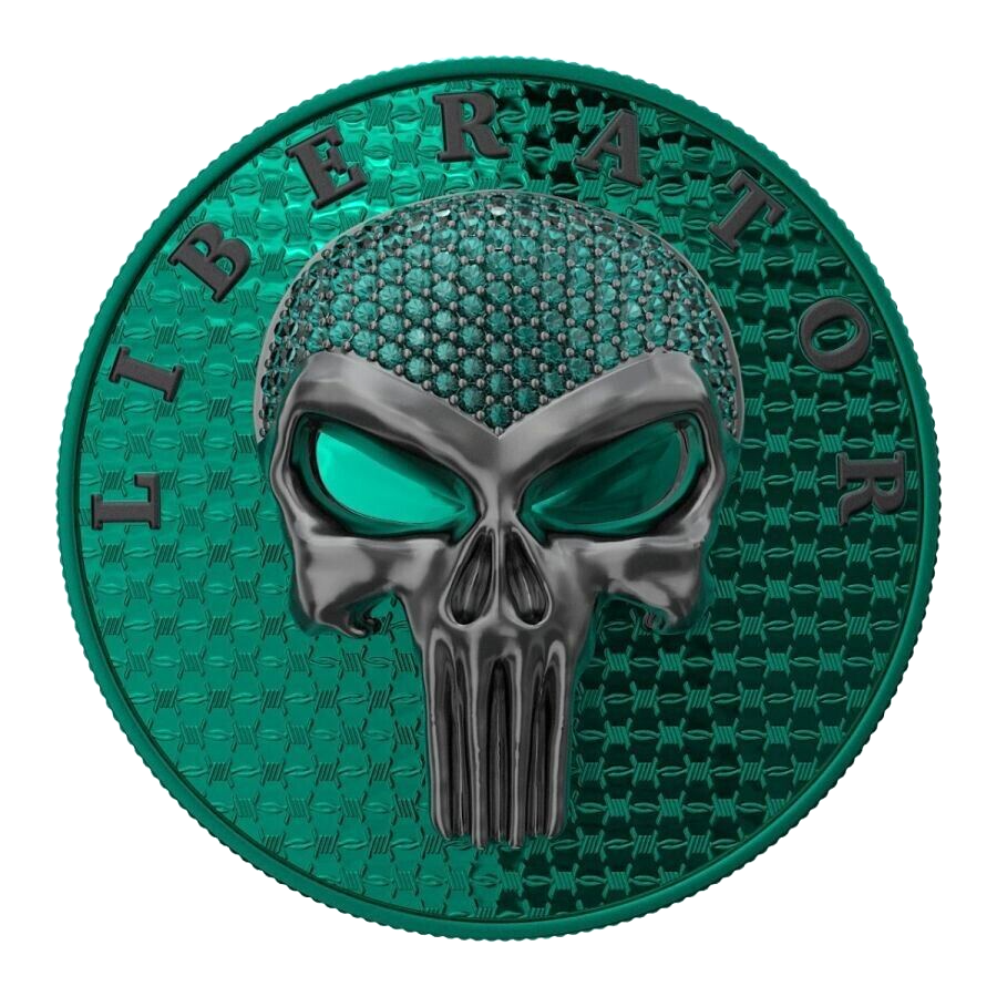 1 Oz Silver Coin Dark Side 2021 THE LIBERATOR Skull Cap Green Swarovski Proof-classypw.com-2