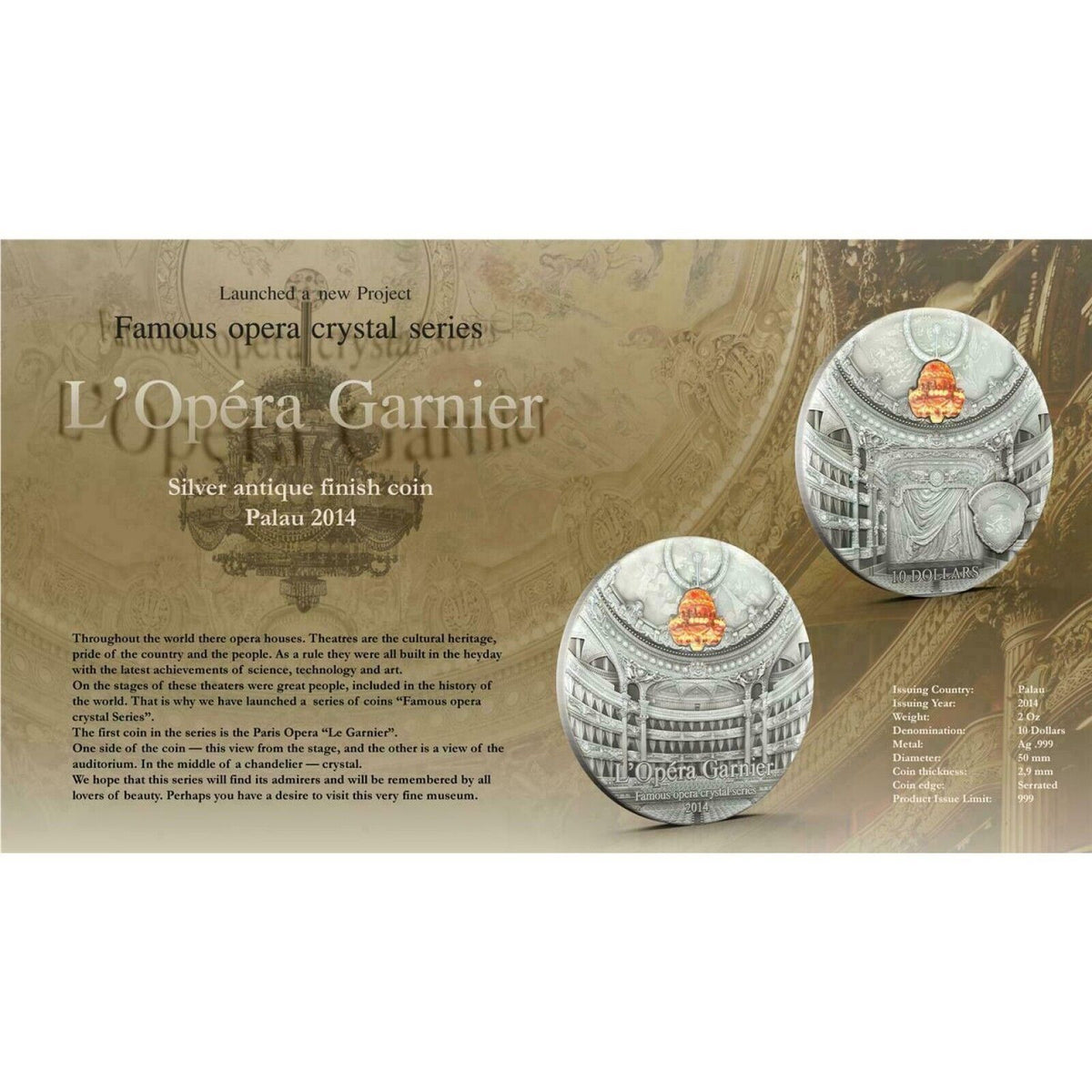 2 Oz Silver Coin 2014 $10 Palau Famous Opera Crystal Series Paris Palais Garnier-classypw.com-5