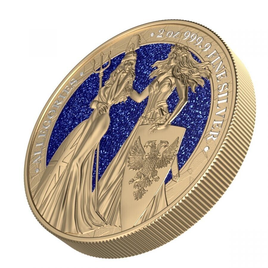 2 Oz Silver Coin 2019 10 Mark Britannia &amp; Germania- Gilded Blue Diamond Dust-classypw.com-2