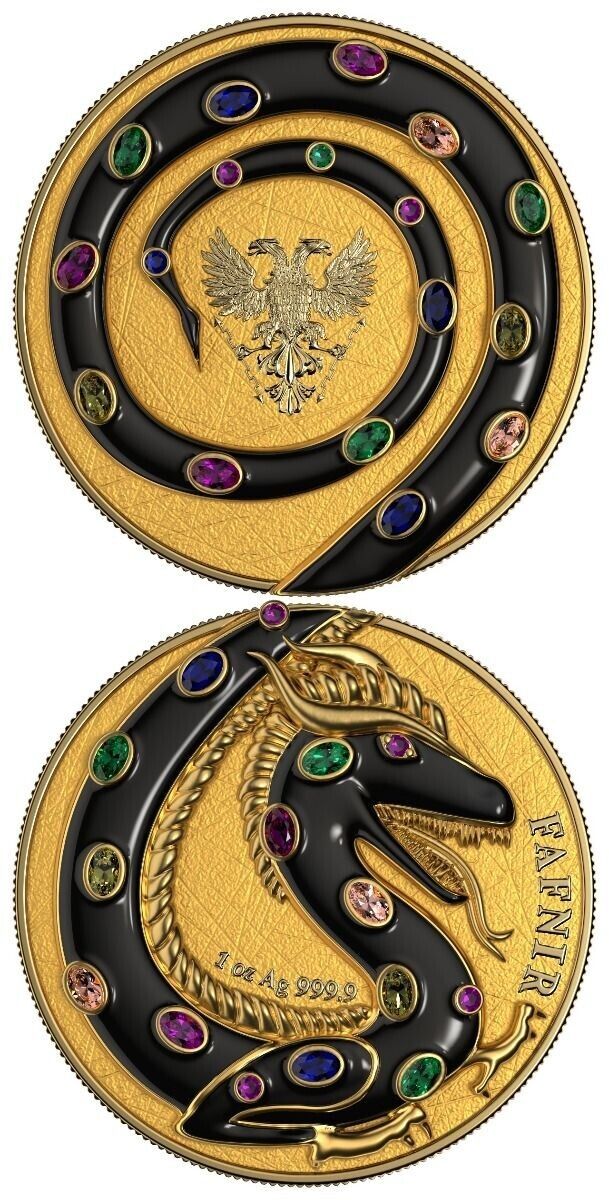 2 X 1 Oz Silver Coin 2020 5 Mark Fafnir Set - Black Gloss &amp; Gold Matte Crystals-classypw.com-2