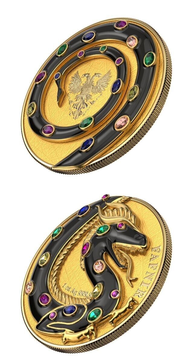2 X 1 Oz Silver Coin 2020 5 Mark Fafnir Set - Black Gloss &amp; Gold Matte Crystals-classypw.com-3