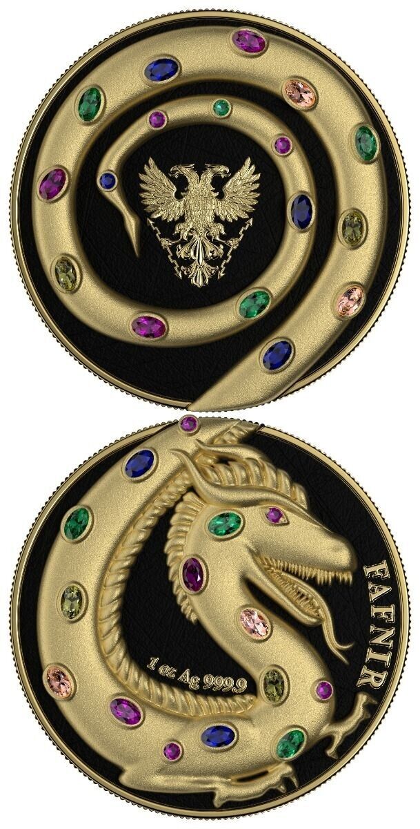 2 X 1 Oz Silver Coin 2020 5 Mark Fafnir Set - Black Gloss &amp; Gold Matte Crystals-classypw.com-8
