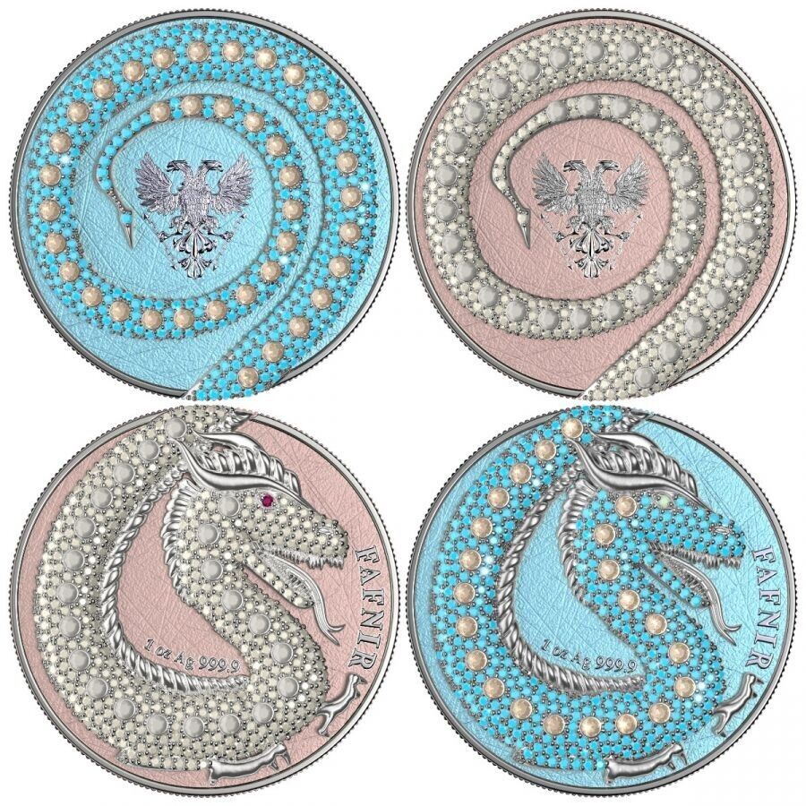 2 X 1 Oz Silver Coin 2020 5 Mark Fafnir Set - Blue Pink No 1 Big Dots Crystals-classypw.com-4