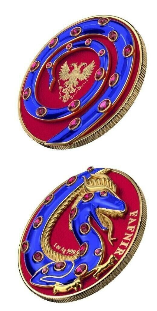 2 X 1 Oz Silver Coin 2020 5 Mark Fafnir Set - Blue &amp; Red Stones-classypw.com-2
