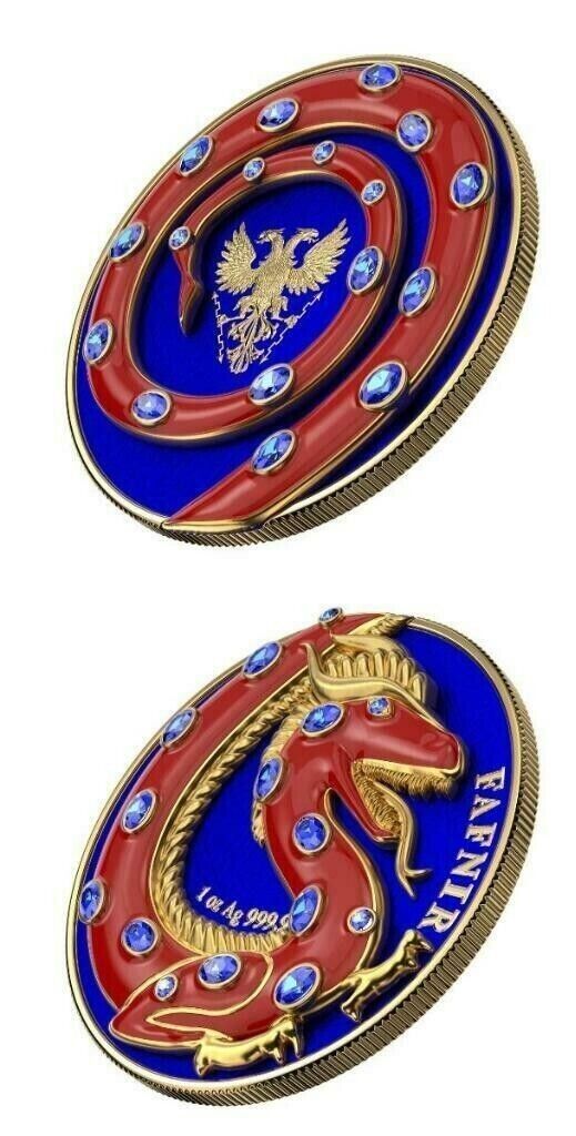 2 X 1 Oz Silver Coin 2020 5 Mark Fafnir Set - Blue &amp; Red Stones-classypw.com-3