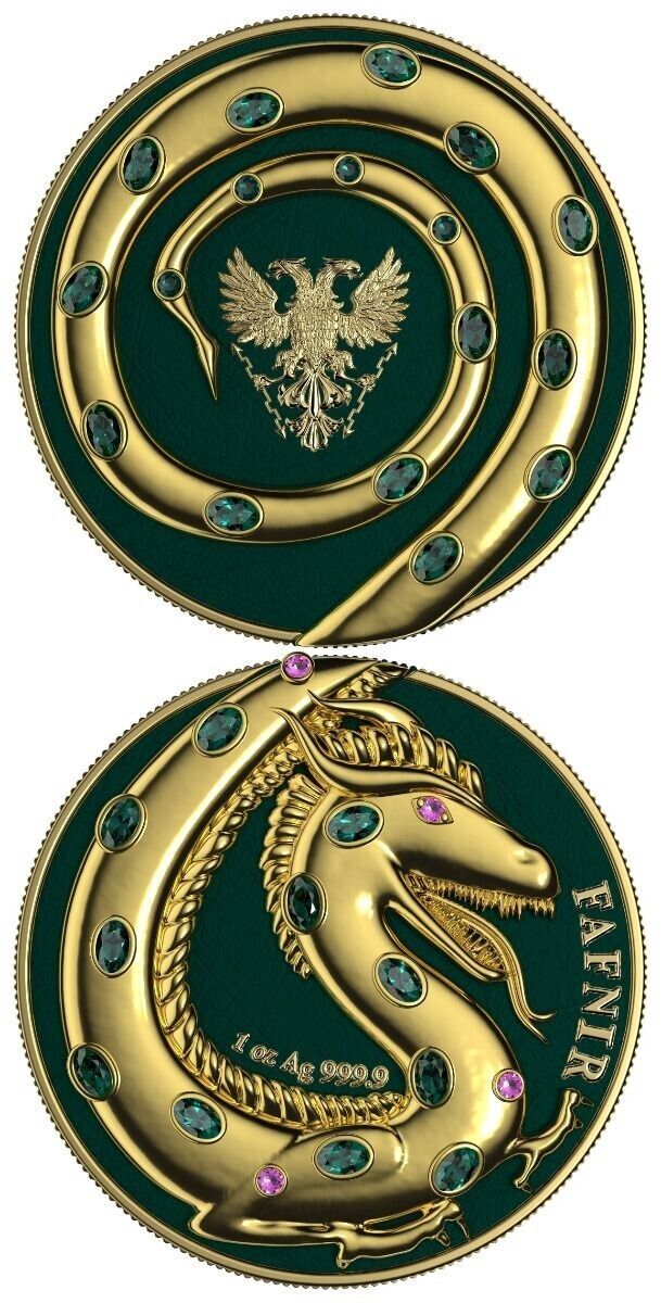 2 X 1 Oz Silver Coin 2020 5 Mark Fafnir Set - Gold Gloss and Gold Matte Crystals-classypw.com-2