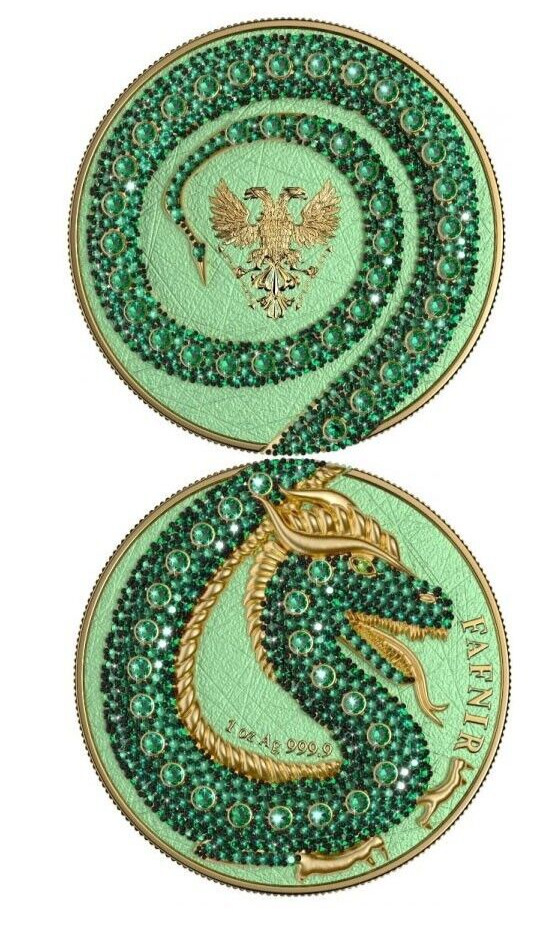 2 X 1 Oz Silver Coin 2020 5 Mark Fafnir Set - Gold Green No 2 Big Dots Crystals-classypw.com-2