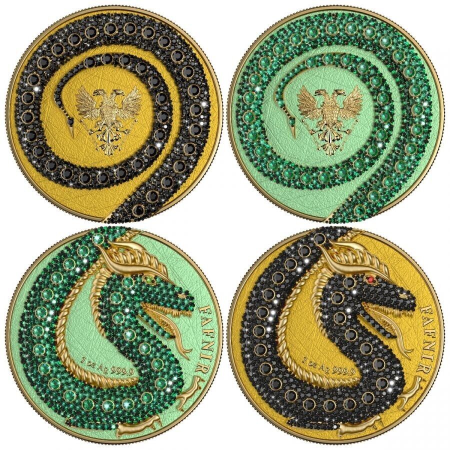 2 X 1 Oz Silver Coin 2020 5 Mark Fafnir Set - Gold Green No 2 Big Dots Crystals-classypw.com-8