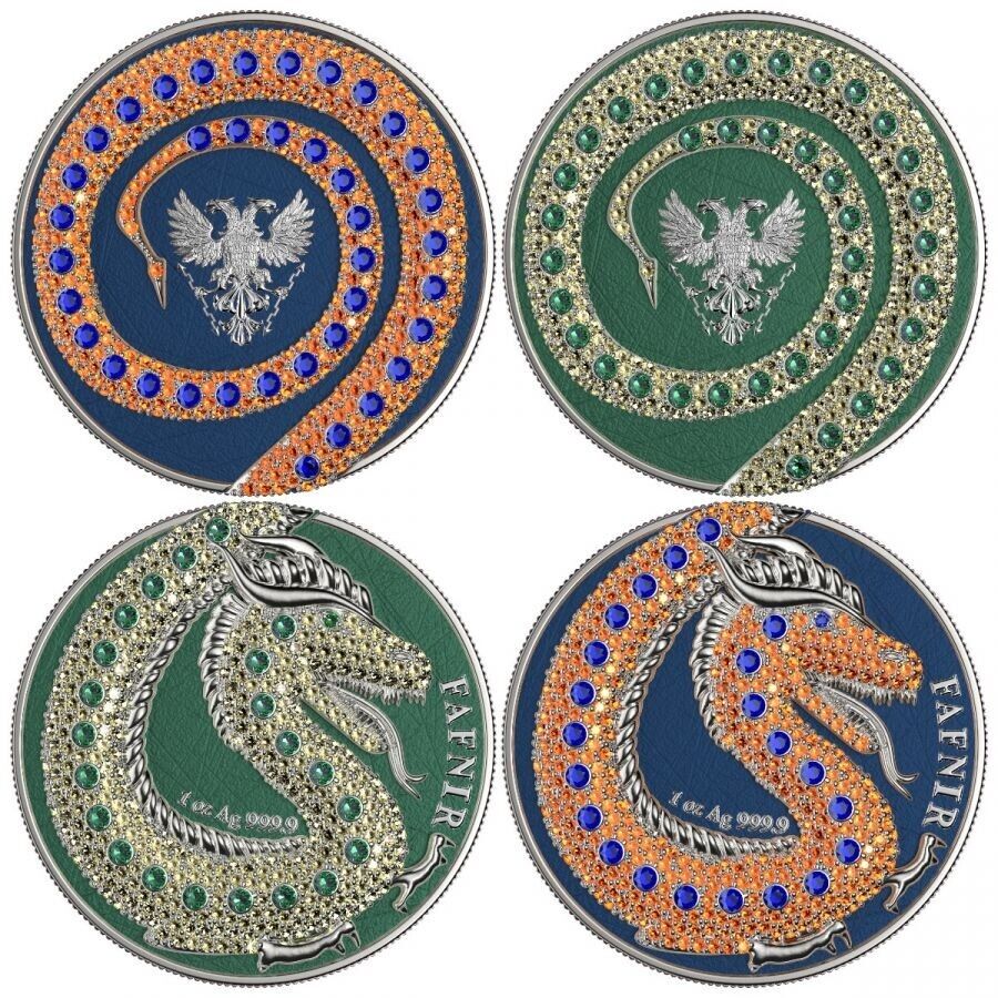 2 X 1 Oz Silver Coin 2020 5 Mark Fafnir Set - Green Blue No 4 Big Dots Crystals-classypw.com-8