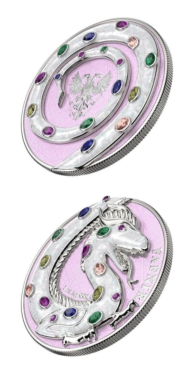 2 X 1 Oz Silver Coin 2020 5 Mark Fafnir Set - Pearl White &amp; Turquoise Crystals-classypw.com-3