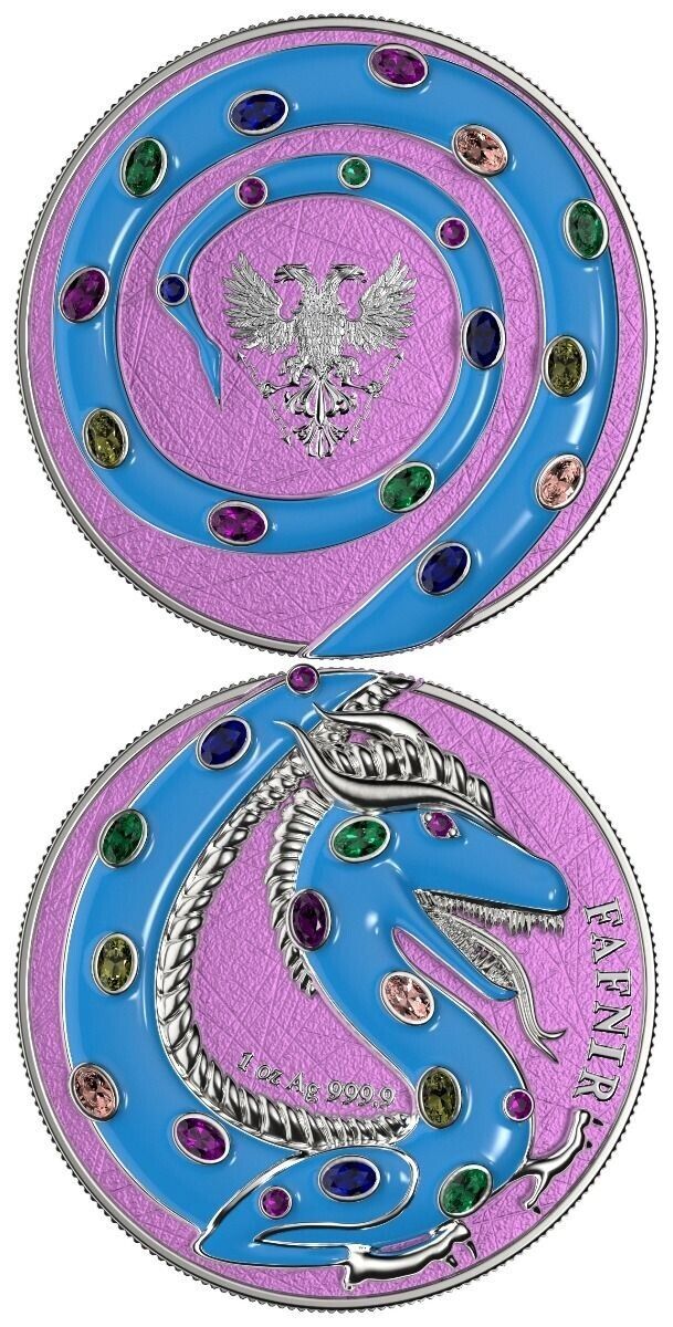 2 X 1 Oz Silver Coin 2020 5 Mark Fafnir Set - Pearl White &amp; Turquoise Crystals-classypw.com-8
