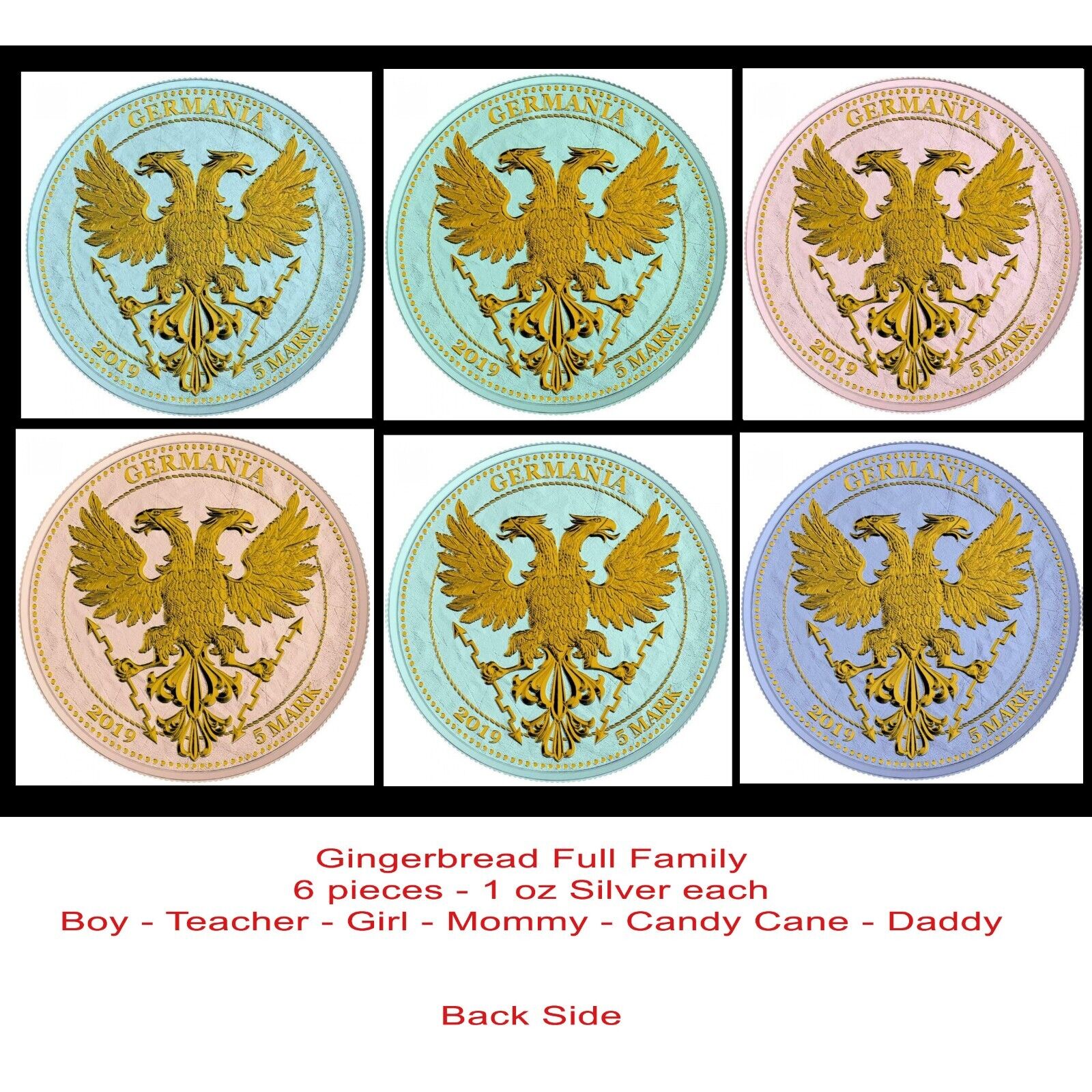 6 - 1 Oz Silver Coin 2019 5 Mark Germania Oak Leaf Bejeweled Gingerbread Man Set-classypw.com-2